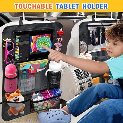 Backseat Organizer for Car, 2 PCS Seat Back Cover for Kids Toddlers with 10 Storage Pockets & 11″ Tablet Holder, Waterproof Back Seat Protector for Snacks Toys, Travel Accessories