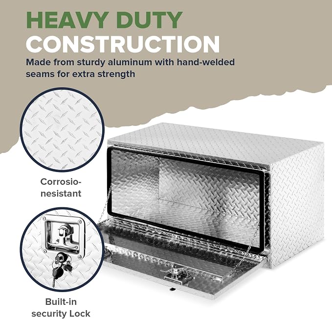 ARKSEN 36 x 17 x 18 Inch Underbody Tool Box, Heavy Duty Aluminum Diamond Plate Waterproof Square Storage Organizer Chest with T-Handle Lock & Keys for Pickup Truck, RV & Trailer – Silver