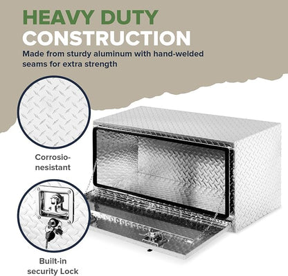 ARKSEN 36 x 17 x 18 Inch Underbody Tool Box, Heavy Duty Aluminum Diamond Plate Waterproof Square Storage Organizer Chest with T-Handle Lock & Keys for Pickup Truck, RV & Trailer – Silver