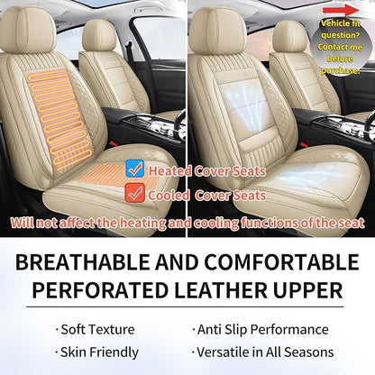 Leather Seat Covers, Beige Car Seat Covers Front Pair, Breathable Car Seat Protectors, Wear-Resistant Car Accessories, Universal Fit for Most Cars,SUVs Truck (Beige-Stripes, Front Pair)