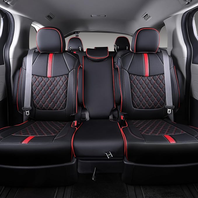 Custom Fit Sienna Seat Covers for 2021-2026 Toyota Sienna LE XLE 8-Passenger, Waterproof Faux Leather Full Set Airbag Compatible 3-Row Car Seat Protectors (Black+Red)