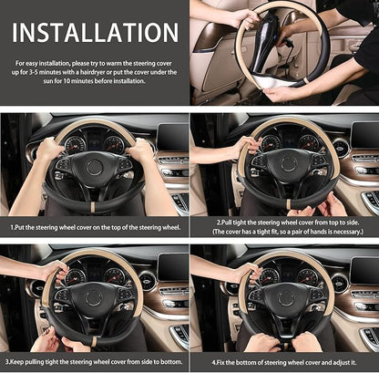 COFIT Breathable Car Steering Wheel Cover 15 inch Auto Universal Leather Wrap Non-Slip Steeringwheel Protector Automotive Interior Accessories, Beige (Suit for 14 1/2-15 inch)