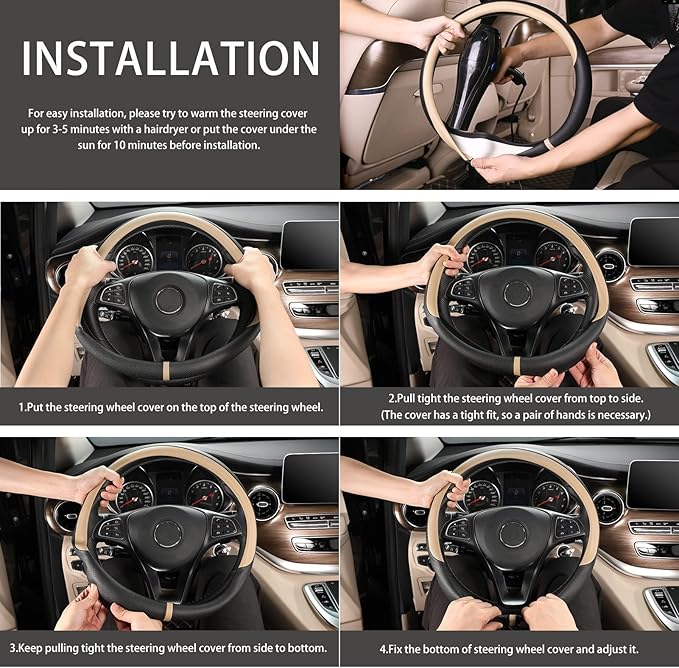 COFIT Breathable Car Steering Wheel Cover 16 inch Auto Universal Leather Wrap Non-Slip Steeringwheel Protector Automotive Interior Accessories, Beige (Suit for 15 1/2-16 inch)