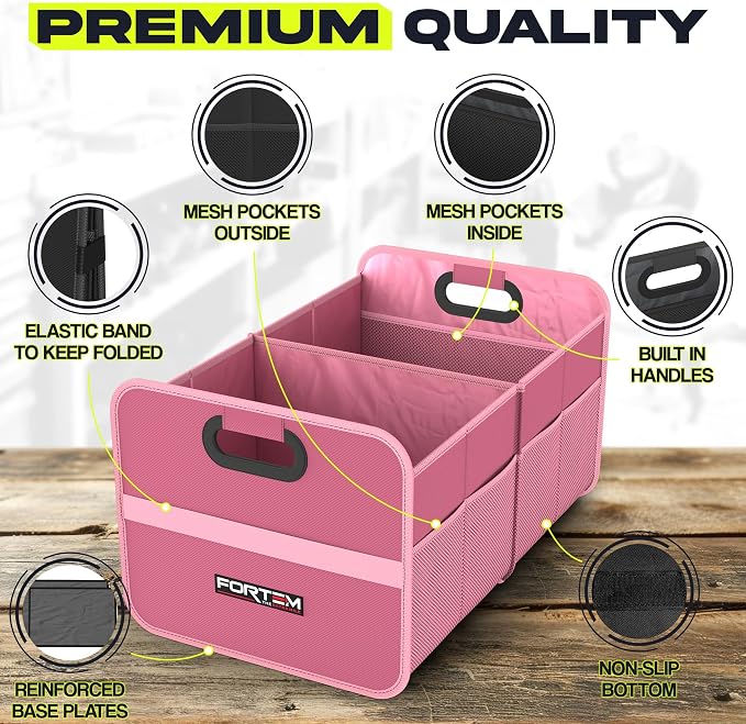 FORTEM Car Trunk Organizer, Collapsible Two Compartment Organizer, Foldable SUV & Truck Storage for Car Accessories for Women Men, Non Slip Bottom, Sturdy Side Walls, Strong Handles, 45L