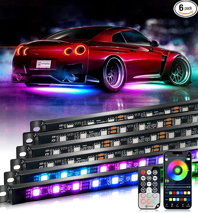 Xprite Aluminum Dreamcolor Car Underglow Light Bar, Bluetooth Underbody Chasing Dancing Neon Accent Lighting LED Rigid Lightbar 6 Pcs, Silicone Sealed Waterproof RGB Glow Lights Kit for Trucks SUV