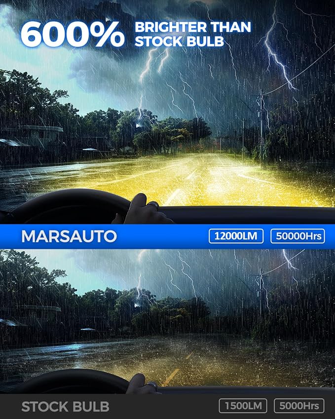 Marsauto H3 Led Bulb Yellow 12,000LM, 600% High Bright H3LL/H3 Fog Lights Led, 3000K Amber Yellow 50000 Hour Lifespan, 1:1 Size H3 Fog Bulb for Car, Tail Light Covers, Pack of 2