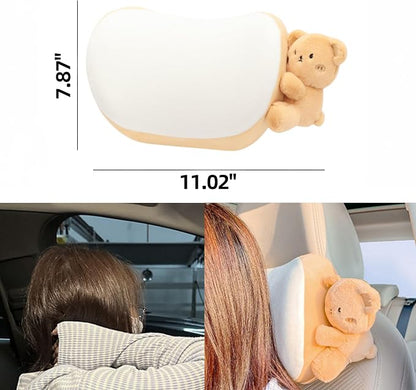 Car Headrest Pillow 2PCS Plush Bear ＆ Bunny Car Seat Headrest Pillow - Memory Foam Neck Support Cushions for Comfortable Driving, Easy Install & Washable (Brown)