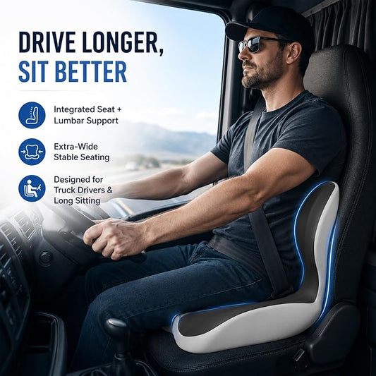 Ergonomic Truck Seat Cushion with Lumbar Support, Wide High-Density Memory Foam for Long Driving Comfort, Contoured Support for Semi Truck, Car & Office Chair