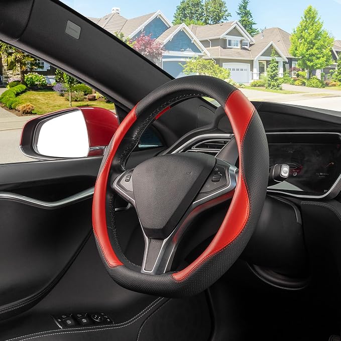 SEG Direct D Shaped Steering Wheel Cover, Flat Bottom Car Wheel Cover 14 1/2-15 in. (37-39 cm), Black and Red Microfiber Leather