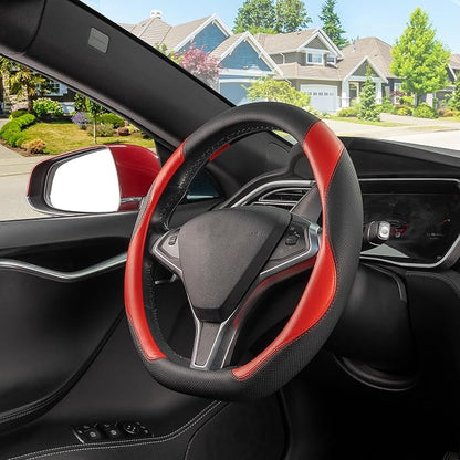 SEG Direct D Shaped Steering Wheel Cover, Flat Bottom Car Wheel Cover 14 1/2-15 in. (37-39 cm), Black and Red Microfiber Leather