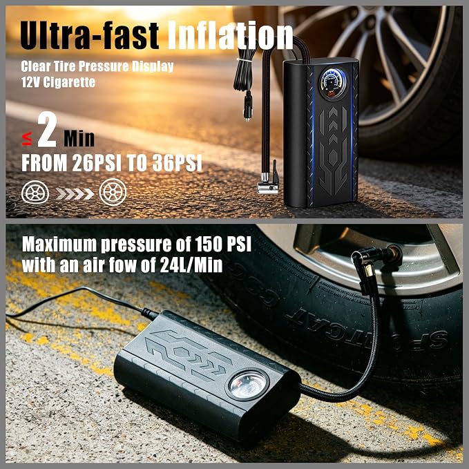 Car Roadside Emergency Kit, Portable Auto Air Compressor Tire Inflator, Jumper Cable, Car Emergency Kits for Teenagers, Black