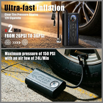 Car Roadside Emergency Kit, Portable Auto Air Compressor Tire Inflator, Jumper Cable, Car Emergency Kits for Teenagers, Black
