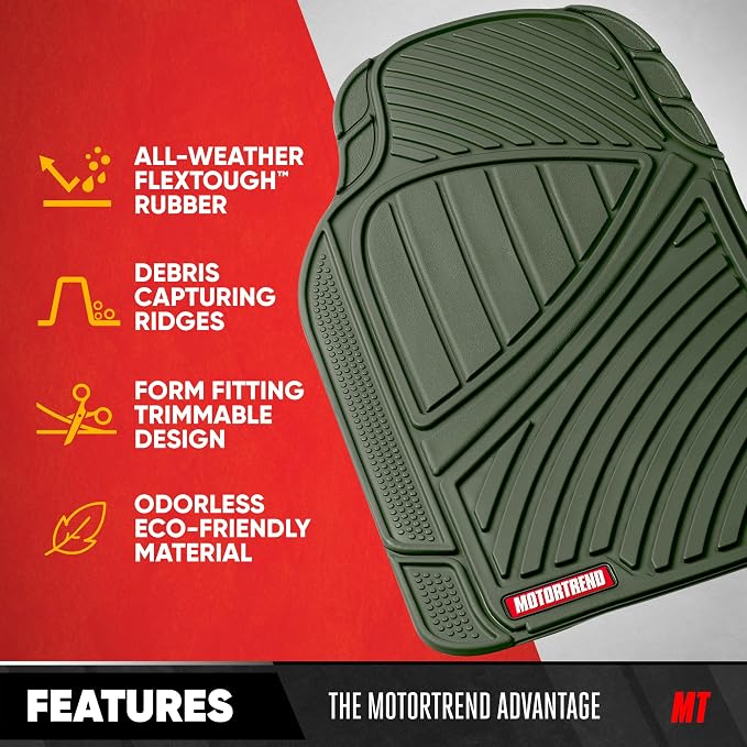 Motor Trend FlexTough Performance All Weather Rubber Car Floor Mats - 3 Piece Floor Mats Automotive Liners for Cars Truck SUV, Heavy-Duty Waterproof (Green)
