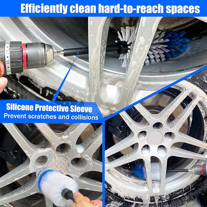 Wheel Brush Kit, Soft Drill Wheel Cleaner Brush, Tire Brush, Detailing Brush, and Detailing Pads, No Scratches Car Wheel Cleaning Kit for Wheels, Tire, Rims, Engines, Exhaust(Blue + White 9 Pk)