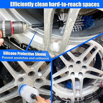 Wheel Brush Kit, Soft Drill Wheel Cleaner Brush, Tire Brush, Detailing Brush, and Detailing Pads, No Scratches Car Wheel Cleaning Kit for Wheels, Tire, Rims, Engines, Exhaust(Blue + White 9 Pk)
