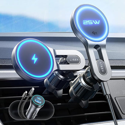 LISEN for Qi2.2 25W MagSafe Car Mount Charger, [Stable & Fast Charging] for Car Vent Magnetic Wireless Car Charger, Car Phone Holder Charger Car Accessories Fits iPhone 17 Pro Max Air 16 15 14 13 12 | [Fast Charging]Magsafe Car Mount Charger,[Qi2.2 Cer...