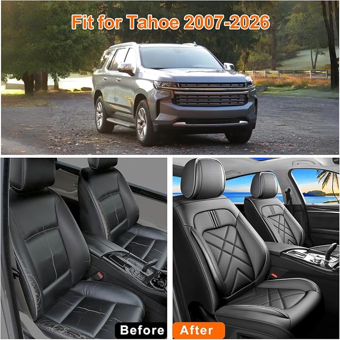 Tahoe Car Seat Covers Fit for Chevrolet/Chevy Tahoe 2011-2025 2026, Full Coverage Leather Waterproof Breathable Seat Covers, Automotive Seat Protectors, Airbag Compatible, (Full Set, Black