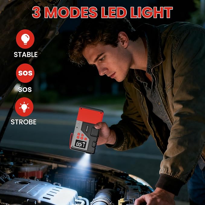 Portable Car Jump Starter with Air Compressor for Emergencies,3000A Peak and 150 PSI Max,for 12L Gas & 10L Diesel Engines,LCD Display,LED Light