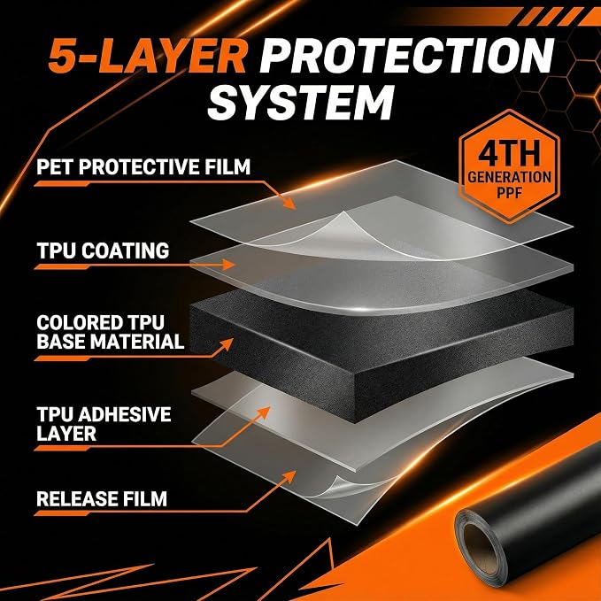 Black Indestructible Paint Vinyl Wrap with Nano Air Release Technology,Anti-Wrinkle - Premium Paint Protection Film Roll for Car(1ft x 5ft)