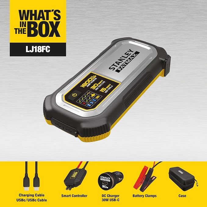 Stanley LJ18FC 1800 Peak Amp Lithium Jump Starter with USB Power and Carrying Case