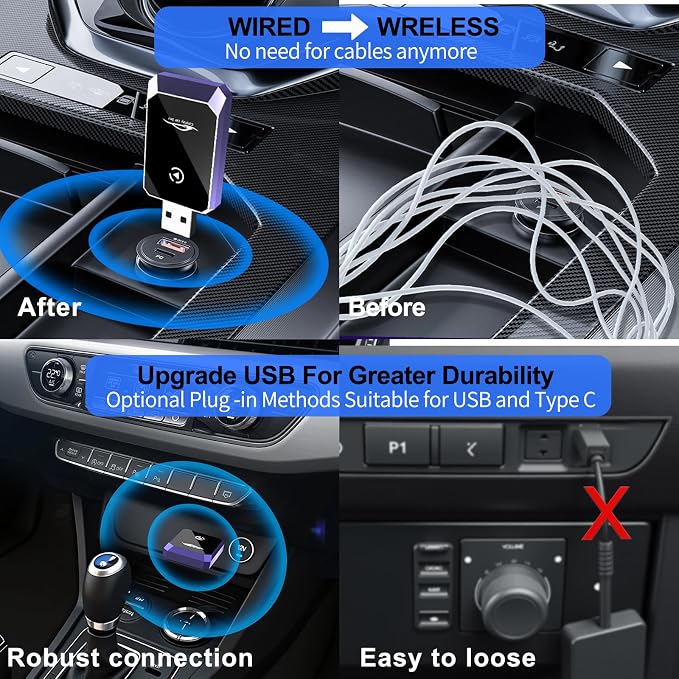 Wireless CarPlay Adapter for iPhone, Convert Wired to Wireless CarPlay, Mini CarPlay Wireless Adapter for iPhone 6+ and Cars from 2016, Plug and Play, Supports Voice Commands Via Siri