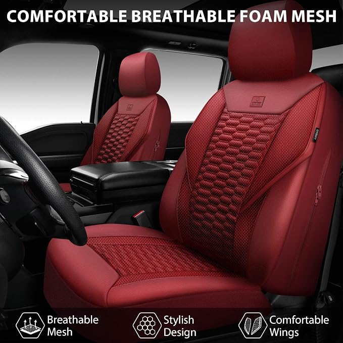 CAR PASS 3D Foam Mesh Leather Seat Covers Full Set, Wine Red Breathable Mesh Faux Leather Seat Covers for Car, Universal Fit for SUVs Vans Sedan Trucks Automotive,Armrest Airbag Compatible, Burgundy
