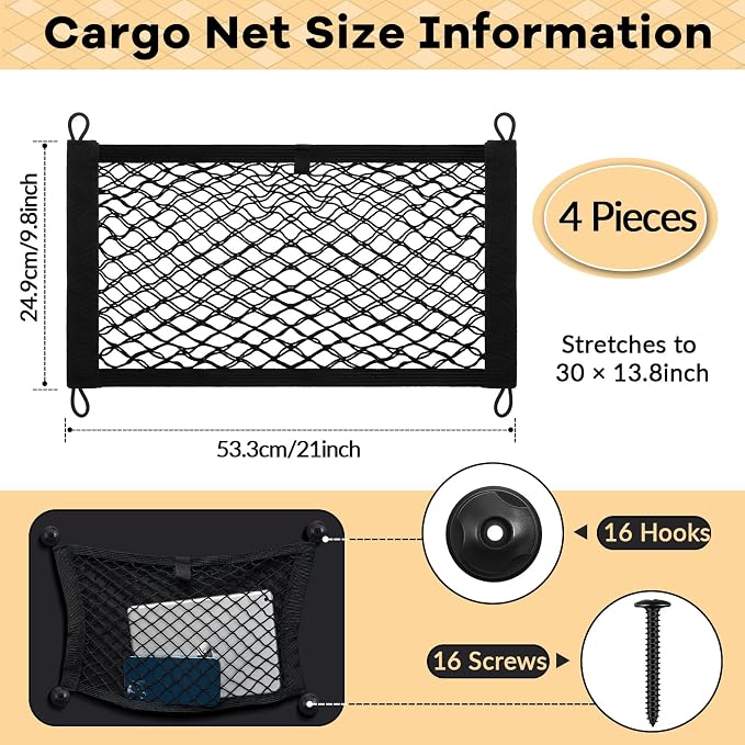 Frienda 4 Pcs Stretchable Small Cargo Net Pocket Boat Storage Mesh Net Elastic Automotive Storage Pouch with Mounting Screws and Hooks for Truck Car SUV Boats (21 x 9.8 Inches)