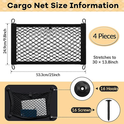Frienda 4 Pcs Stretchable Small Cargo Net Pocket Boat Storage Mesh Net Elastic Automotive Storage Pouch with Mounting Screws and Hooks for Truck Car SUV Boats (21 x 9.8 Inches)