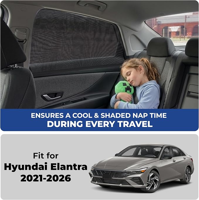 EcoNour Car Window Screen for Hyundai Elantra (2021-2026) 2 Pack | Breathable Mesh Camping Window Covers | 100% Protection from Bugs, Mosquito & UV | Baby Safe Privacy Blackout Net | Car Accessories