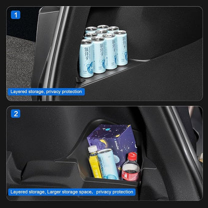 Rear Trunk Organizer Storage Box Compatible with 2025-2026 Tesla Model Y Juniper, TPE Cargo Side Storage Bin with Lids, Waterproof Anti-Rattle Organizer Accessories for Tesla Model Y 5 Seater