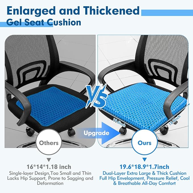 Plus Size Gel Cushion for Long Sitting, Breathable Honeycomb Pressure Relief Pad for Office Chair, Car & Wheelchair (Plus Size - Blue)