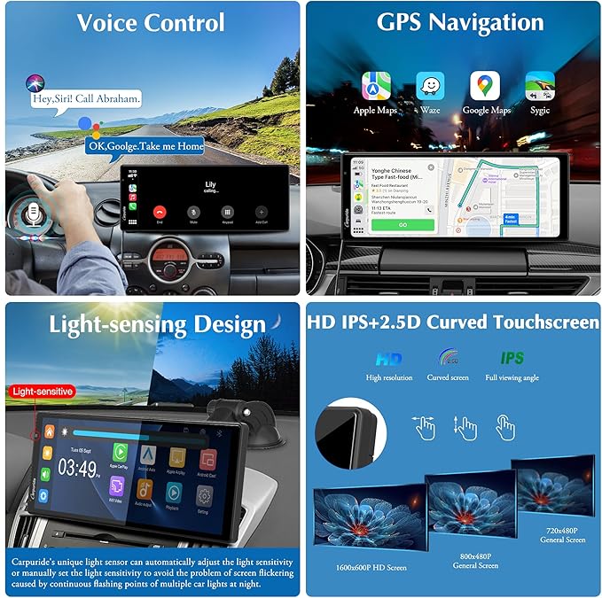 Carpuride 4K W903 Portable Wireless Carplay & Android Auto with Dash Cam - 9.3" HD IPS Screen, 4K Front Camera, Loop Recording, Bluetooth, Mirror Link, GPS, Siri, Dashboard Mounted