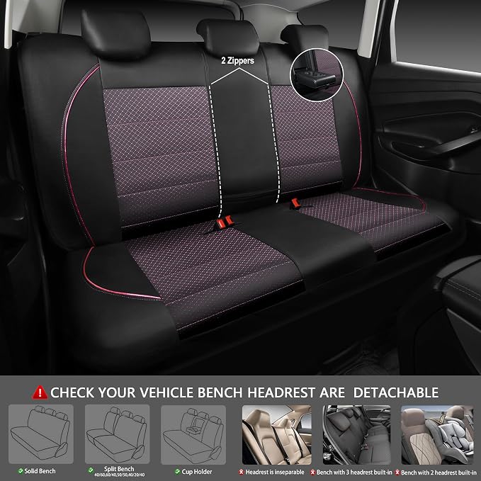 CAR PASS Piping PU Leather Car Seat Cover Full Set,Inside Zipper Design and Reserved Opening Holes，Airbag Compatible,Universal FIT for Car, SUVs,Van,Trucks（Full Set, Black & Pink）