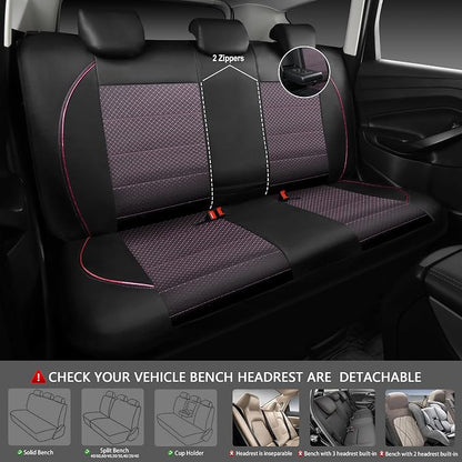 CAR PASS Piping PU Leather Car Seat Cover Full Set,Inside Zipper Design and Reserved Opening Holes，Airbag Compatible,Universal FIT for Car, SUVs,Van,Trucks（Full Set, Black & Pink）