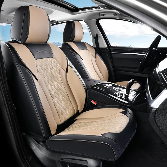 FLORICH Seat Covers, Car Seat Covers Front Seats, Luxury Nappa Leather Seat Covers, Breathable and Waterproof Car Seat Protector 2 Seat, Automotive Seat Covers Universal for Most Cars-Black&Beige