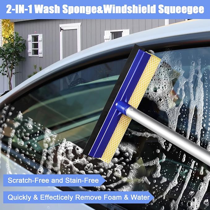 anngrowy 62" Microfiber Car Wash Brush with Long Handle, Car Washing Blue Set Mitt, Sponge, Car Cleaning Supplies Kit, Duster, Car Brush Accessories