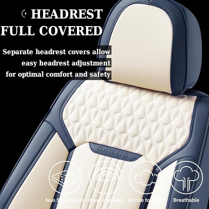 Coverado Car Seat Covers Full Set, Luxury Leather Seat Covers for Cars, Front and Back Seat Covers, Waterproof Car Seat Protector Car Seat Cushion Universal Fit Most Cars,Blue&White