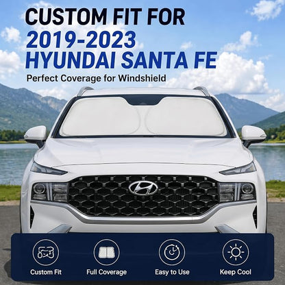 Custom Fit Windshield Sun Shade for Hyundai Santa Fe 2019-2023 | Custom Fit Windshield Cover, Blocks UV Rays, Double-Layer Heat Shield, Durable Frame, Easy Fold & Storage