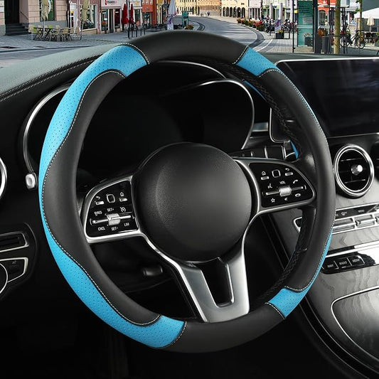 Microfiber Leather Steering Wheel Cover Large Size for Ford F150 F250 F350 F450 RAM 4Runner Tacoma Tundra Sequoia Model S Model X, Breathable, Anti Slip, 15.5 inch to 16 inch, Black with Blue