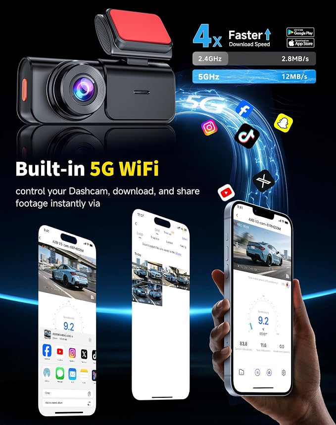 AXB Dash Cam Front and Rear: 4K+2.5K Dashcam with 5G WiFi APP Control & 64GB Card - Dual Dash Camera for Cars with 24H Parking Mode Night Vision Loop Recording Emergency Lock (V3)