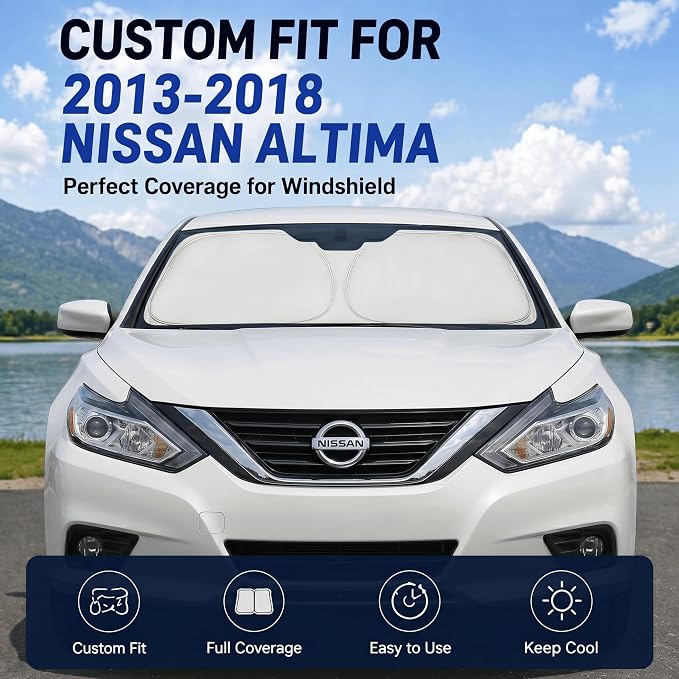 Custom Fit Windshield Sun Shade for Nissan Altima 2013-2018 | Custom Fit Windshield Cover, Blocks UV Rays, Double-Layer Heat Shield, Durable Frame, Easy Fold & Storage