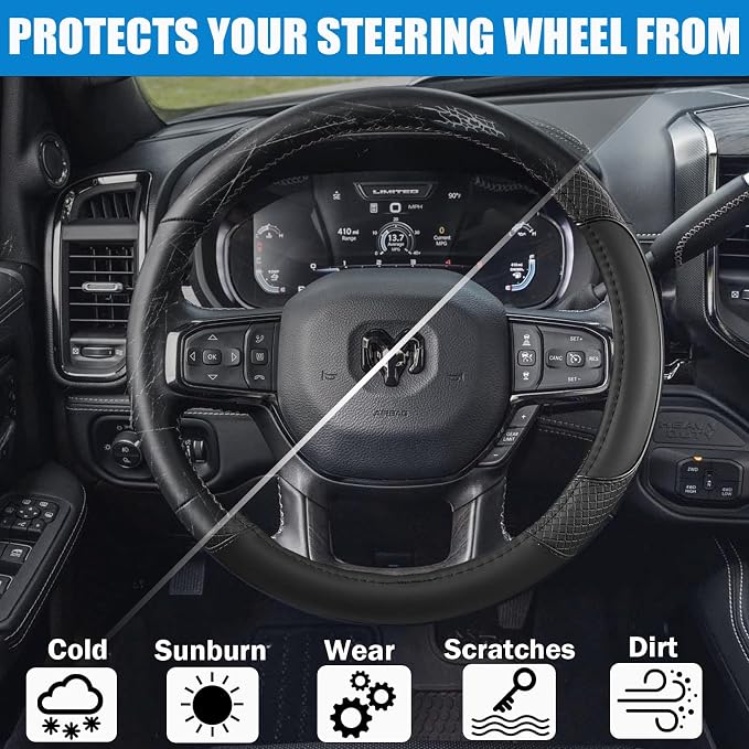 Steering Wheel Cover for Dodge RAM 1500, 2500, 3500 - Premium Microfiber Leather Auto Car Accessory with Non-Slip Grip, Rugged Durability & Interior Upgrade, 15.5-16 inch (Black-Large Size)