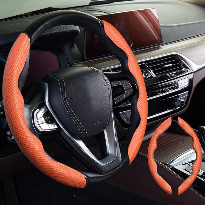WOCOCN 2pcs Car Steering Wheel Cover,Anti-Skid Carbon Fiber Steering Wheel Protector for Men Women,Multiple Color Options,Universal for Most Car Interiors Accessories (Orange)