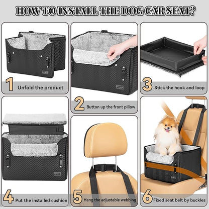 PETSFIT Small Dog Car Seat, Waterproof PU Leather Dog Carseat with Patent Safe Buckles, Clip-On Leash, Car Seat for Dogs, Cats Up to 25 lbs (Glossy Black)