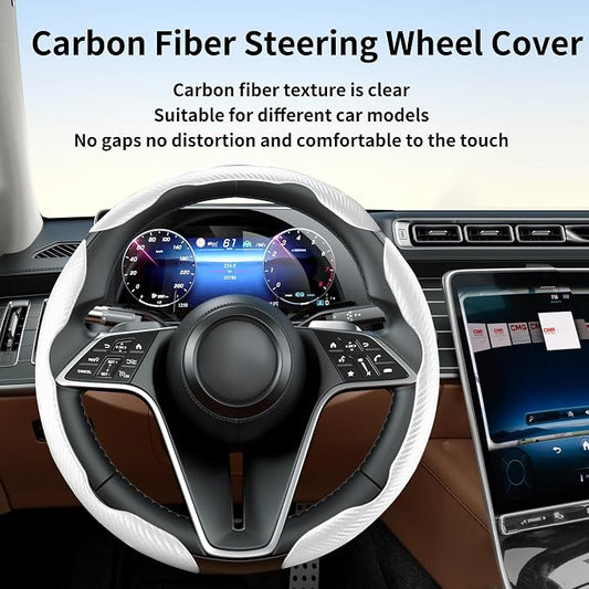 Carbon Fiber Steering Wheel Cover, 3-Piece Set Anti-Skid Comfortable Grip Segmented Butterfly Design, Easy Snap-On Installation Universal Fit 99% Cars, White
