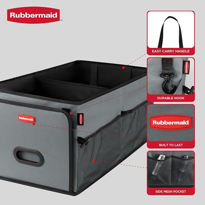 Rubbermaid Car Organizer, Collapsible Trunk Organizer, Multi-Compartment Car Storage Organization for Car Accessories, 2 Compartments-Gray