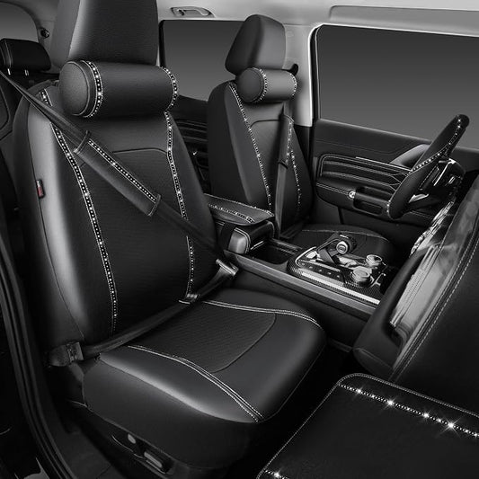 CAR PASS 14 PCS Bling Diamond Car Accessories Set for Women, Leather Seat Covers Front Seats Sparkly Rhinestone 15'' Steering Wheel Covers Shining Diamond Car Floor Mats Cute Interior Sets, Silver
