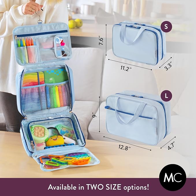 Kids Travel Organizer – Multi-Compartment, Water-Resistant Hanging Bag for Toys, Snacks, & Activities - Compact, Lightweight Design with Hook & Carry Handle - Perfect for Travel Use (Blue, Large)