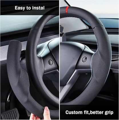 Steering Wheel Cover for 2017-2023 Tesla Model 3 2020-2024 Tesla Model Y, Leather Steering Wheel Cover for Tesla Model 3/Y Accessories, Black