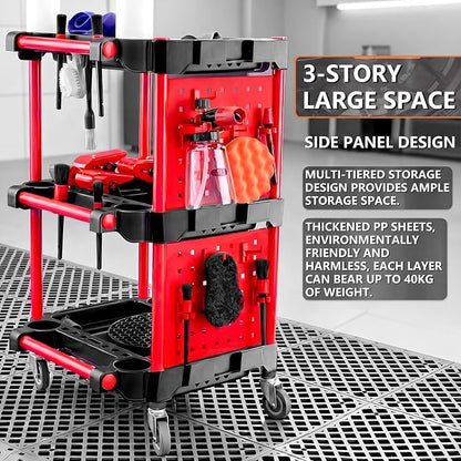 Auto Detailing Cart with Wheels, 3 Tier Rolling Detail Cart with Long Hanging Plate & Hooks & Brush & Towel and Gloves, for Detailers Garage, Workshop, Repair Shop, Storage Tool